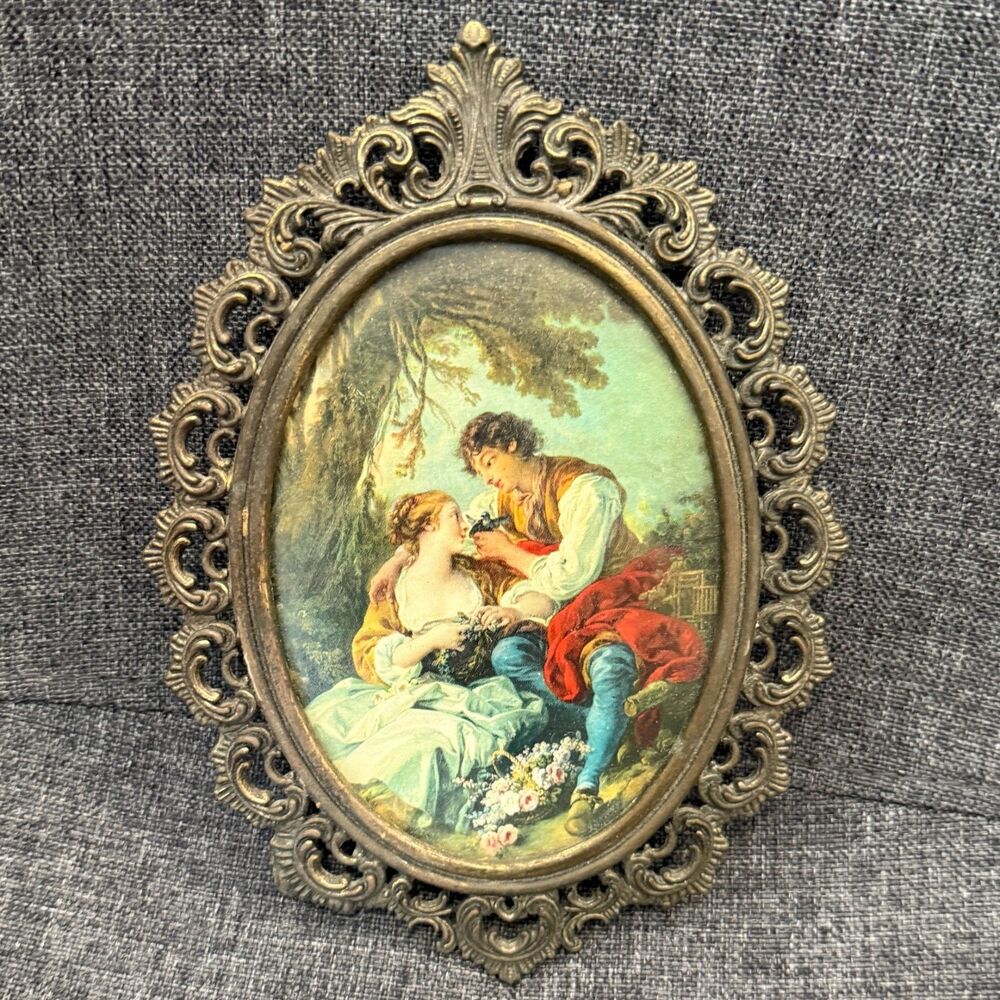 Vtg Ornate Italian Style Wall Art Victorian Oval 5.5x8 Glass Front The Bird Cage